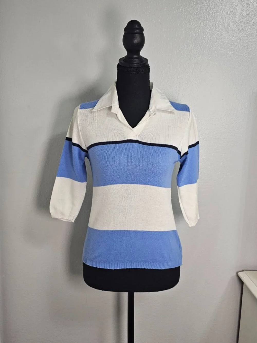 Pink Soda Retro Striped Knit Top Blue White Y2K Preppy Polo Collar 3/4 Sleeve - Picture 2 of 6
